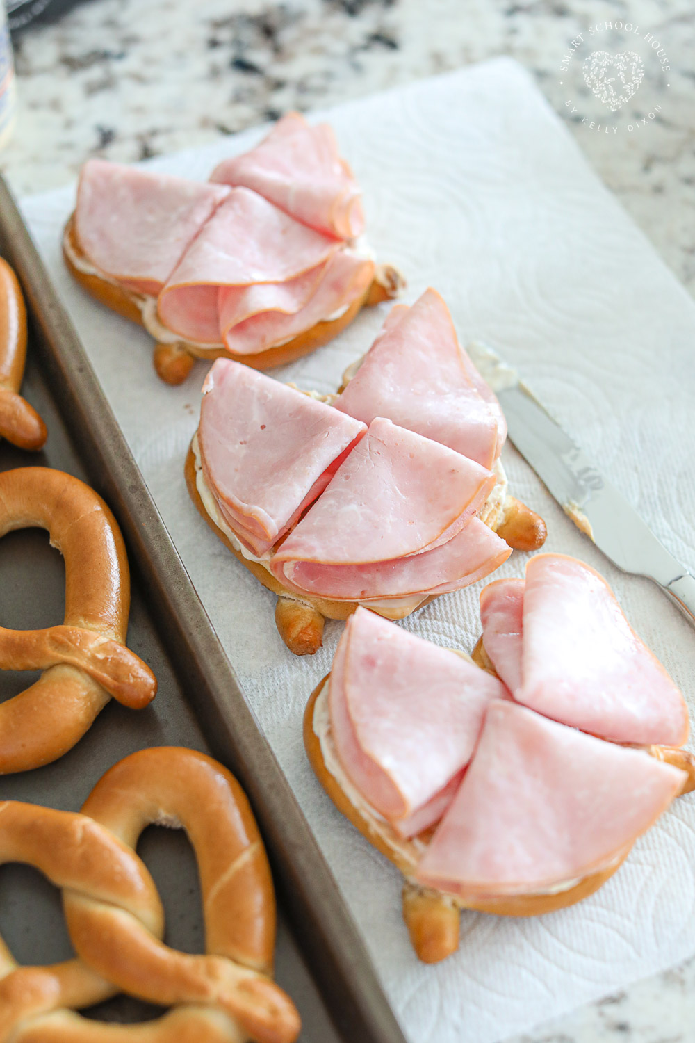 Ham and Swiss pretzel sandwich