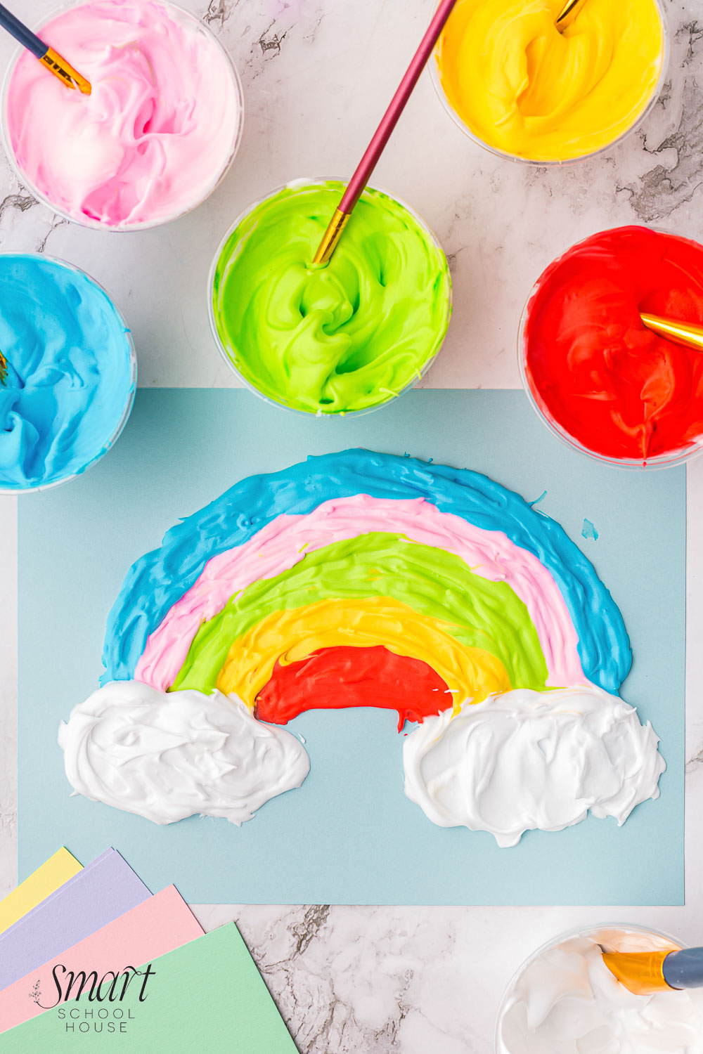 This fluffy paint mixture has a fun texture that stays puffy as it dries. Made with shaving cream, glue, and food coloring!