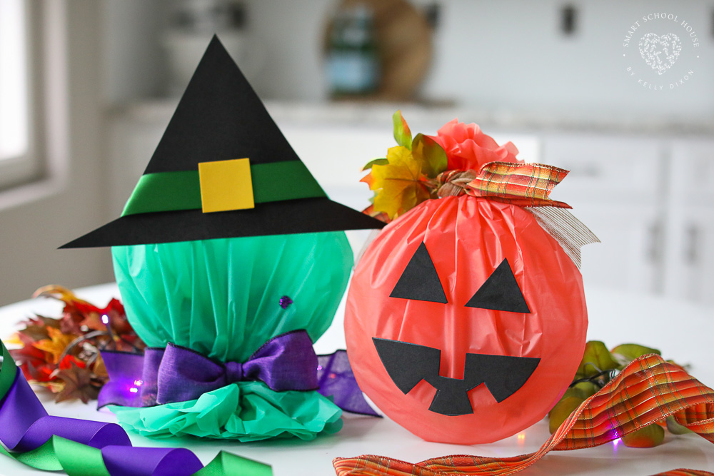 Halloween Candy Plates! Clear plastic plates, filled with candy, and wrapped to look like a green witch or cute orange pumpkin!