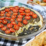 The BEST easy cheesy Caprese Dip recipe! Ooey gooey cheese melted with pesto and topped with cherry tomatoes. An excellent appetizer idea!