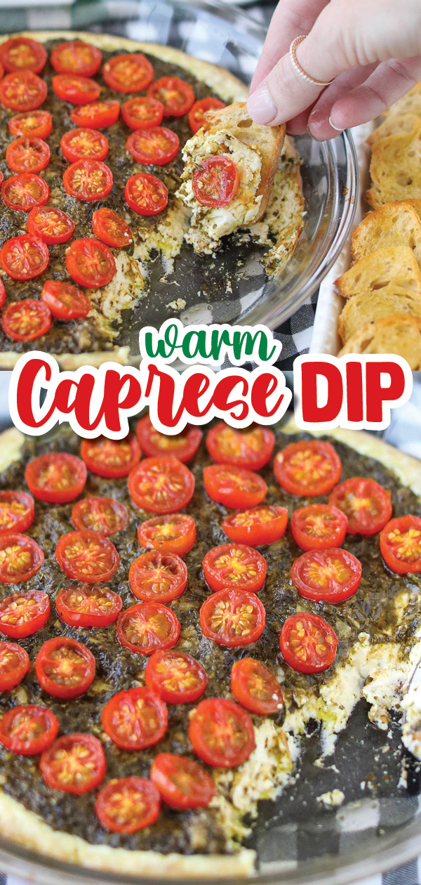 Caprese Dip - This 3 ingredient appetizer can be thrown together in just a few minutes and then baked for the perfect warm and comforting party food everyone will love. Serve it with pita chips, bread, or crackers.