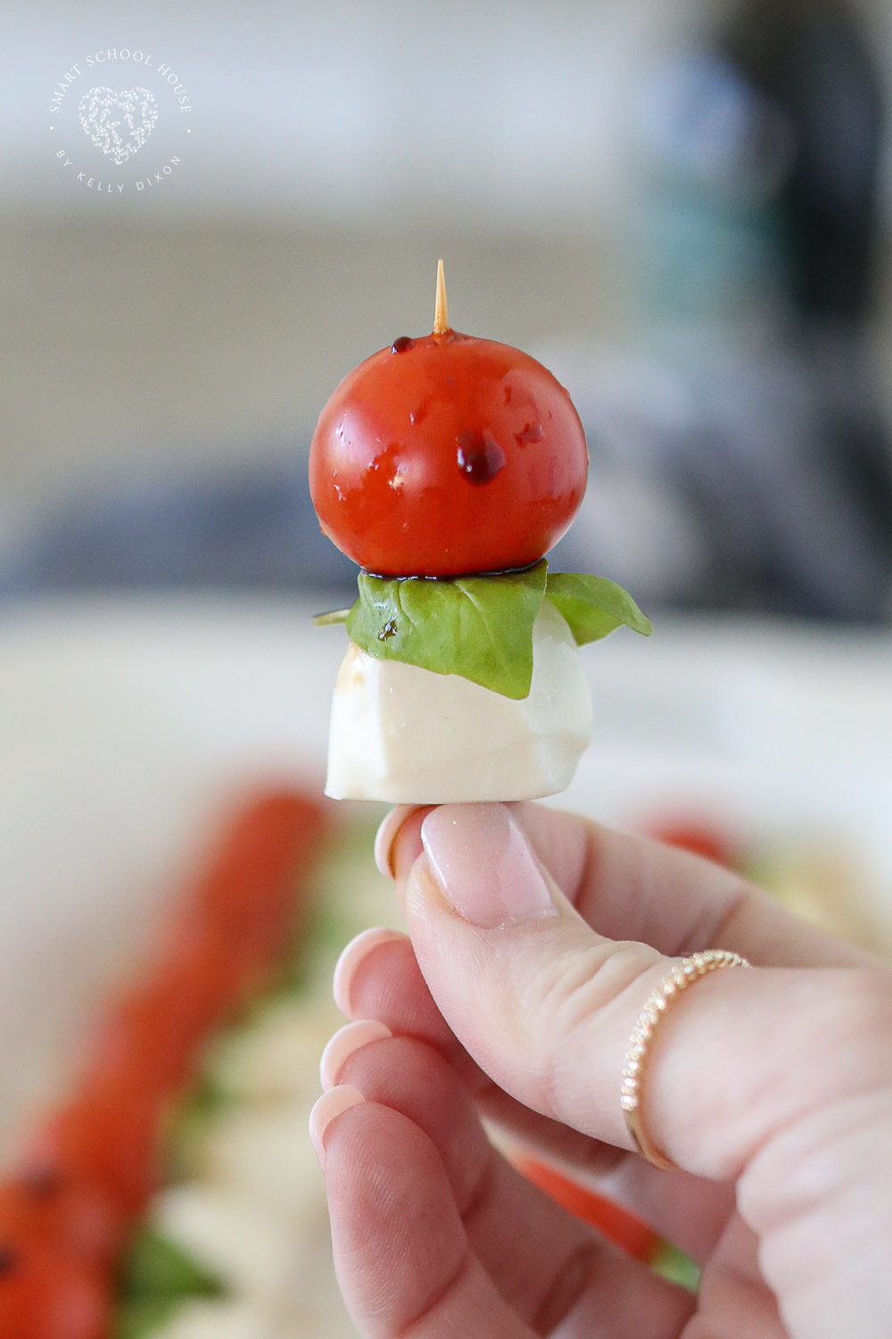 Caprese Salad Skewers are a beautiful and easy appetizer idea! Sweet cherry tomatoes on top of basil and a cute little ball of mozzarella.