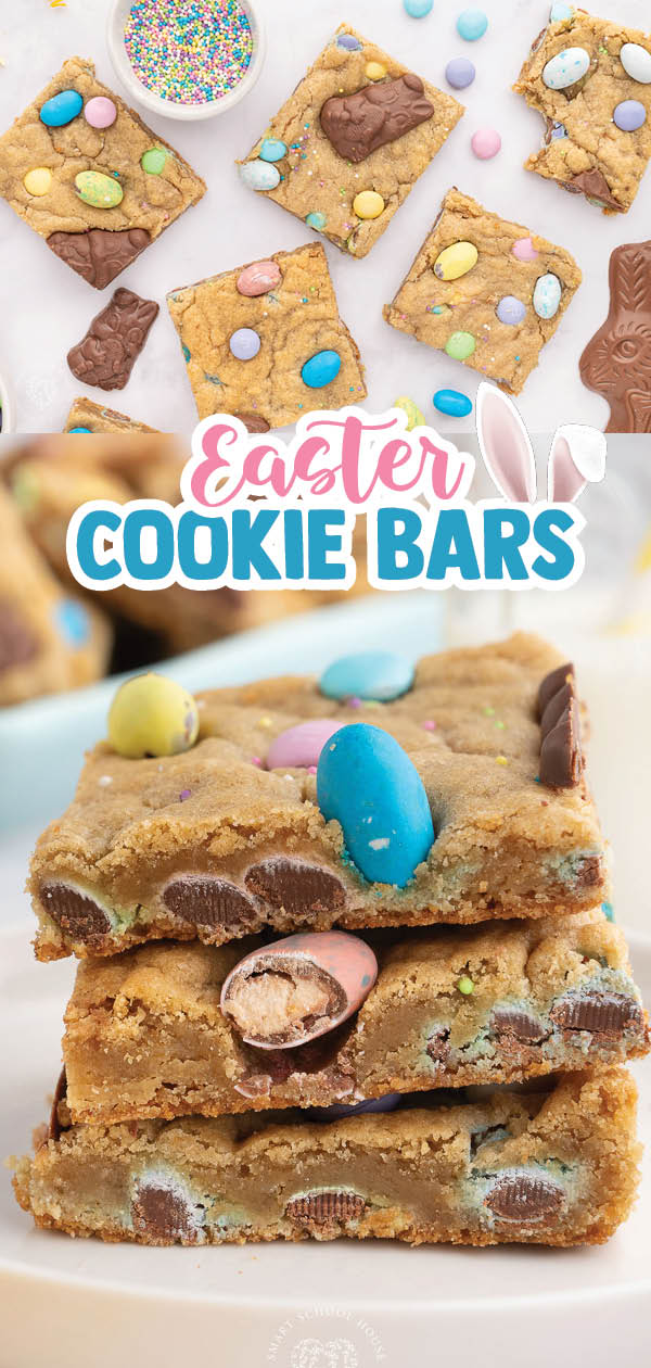 These Easter Cookie Bars are made with a delicious cookie batter, M&M’s, and topped with chocolate bunnies!