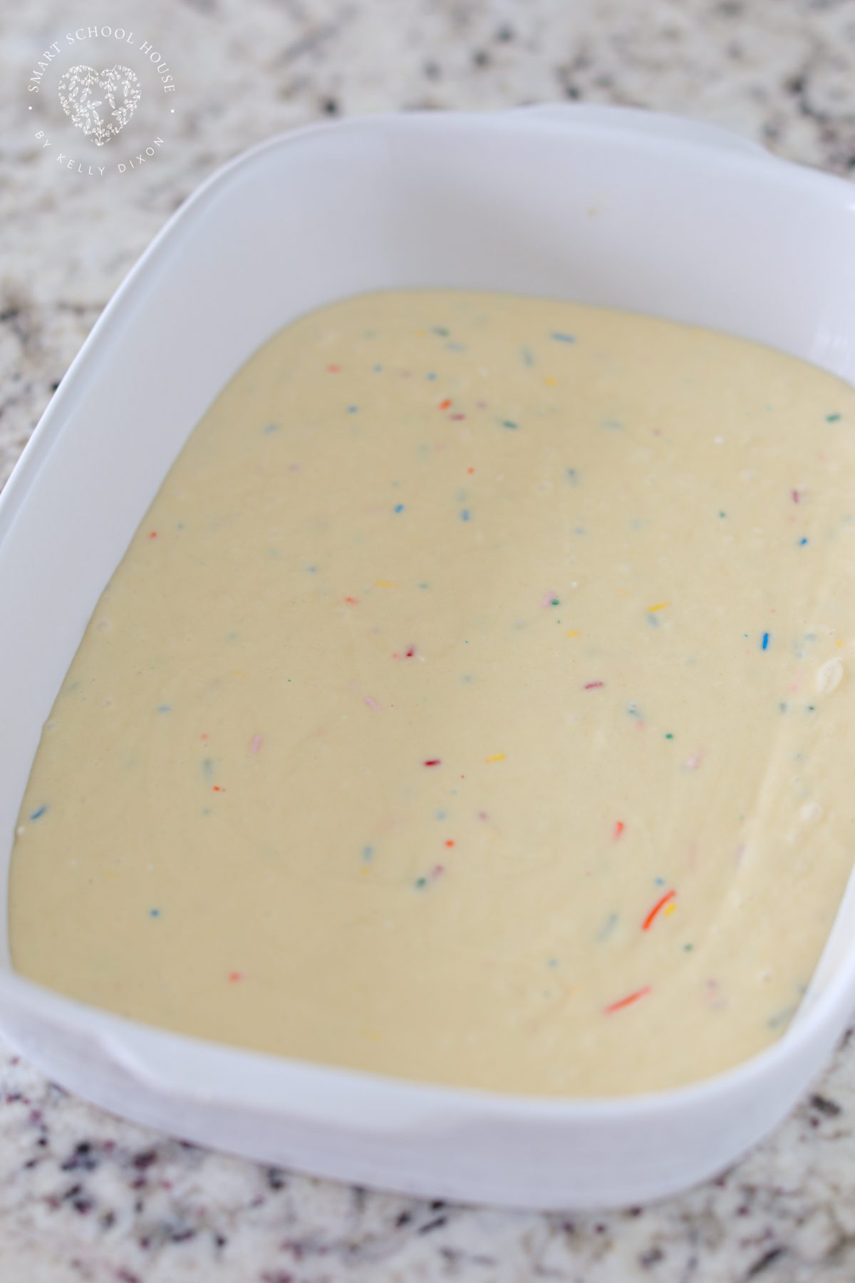 Cake batter in baking dish