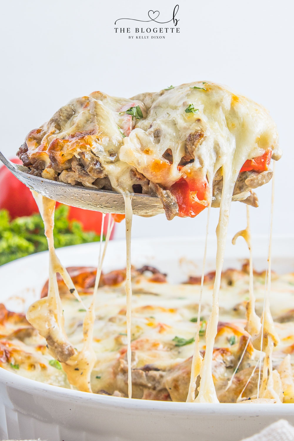 Philly Cheesesteak Casserole combines seasoned beef, peppers, onions, and plenty of melted cheese.