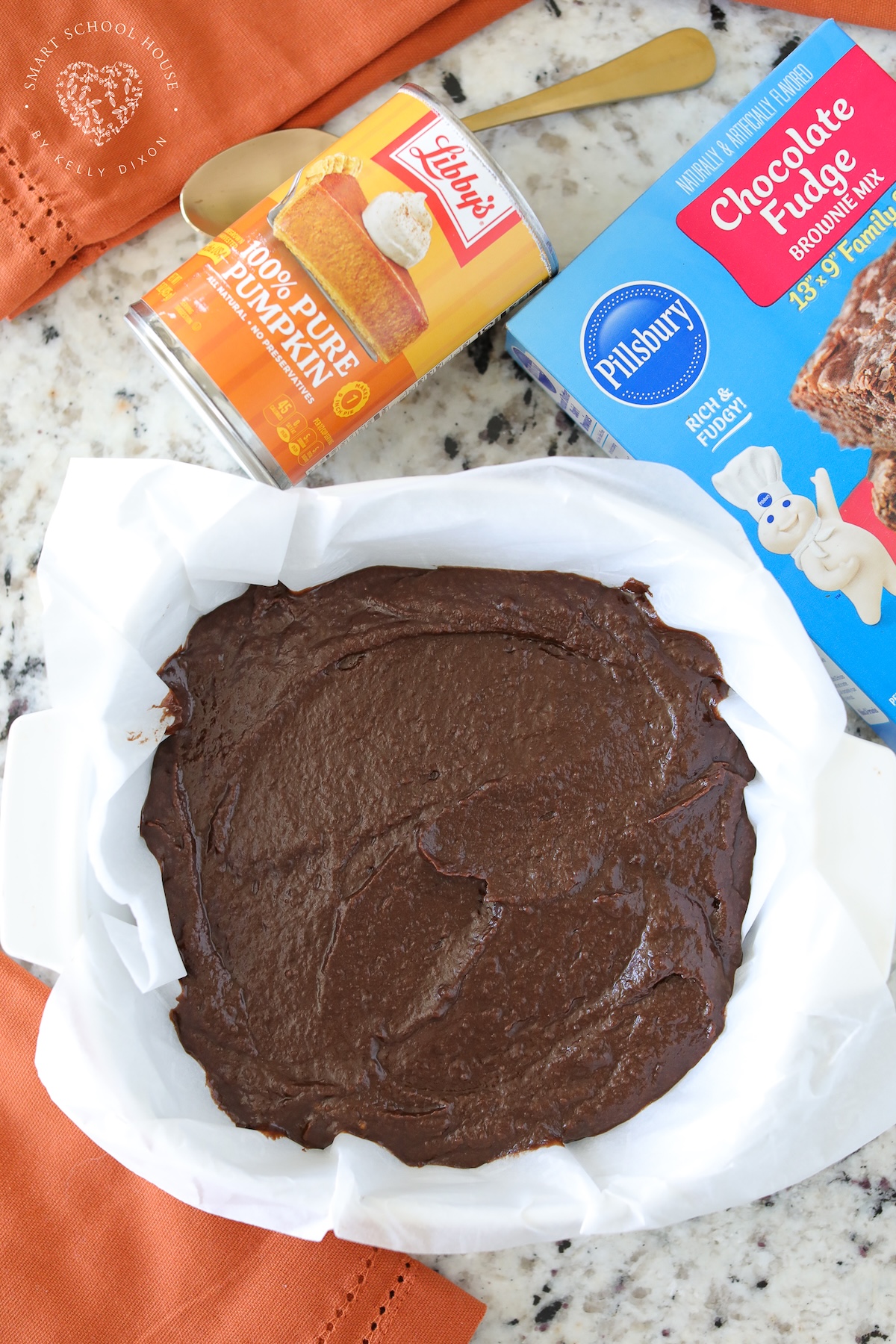 fudgy pumpkin brownies made with brownie mix