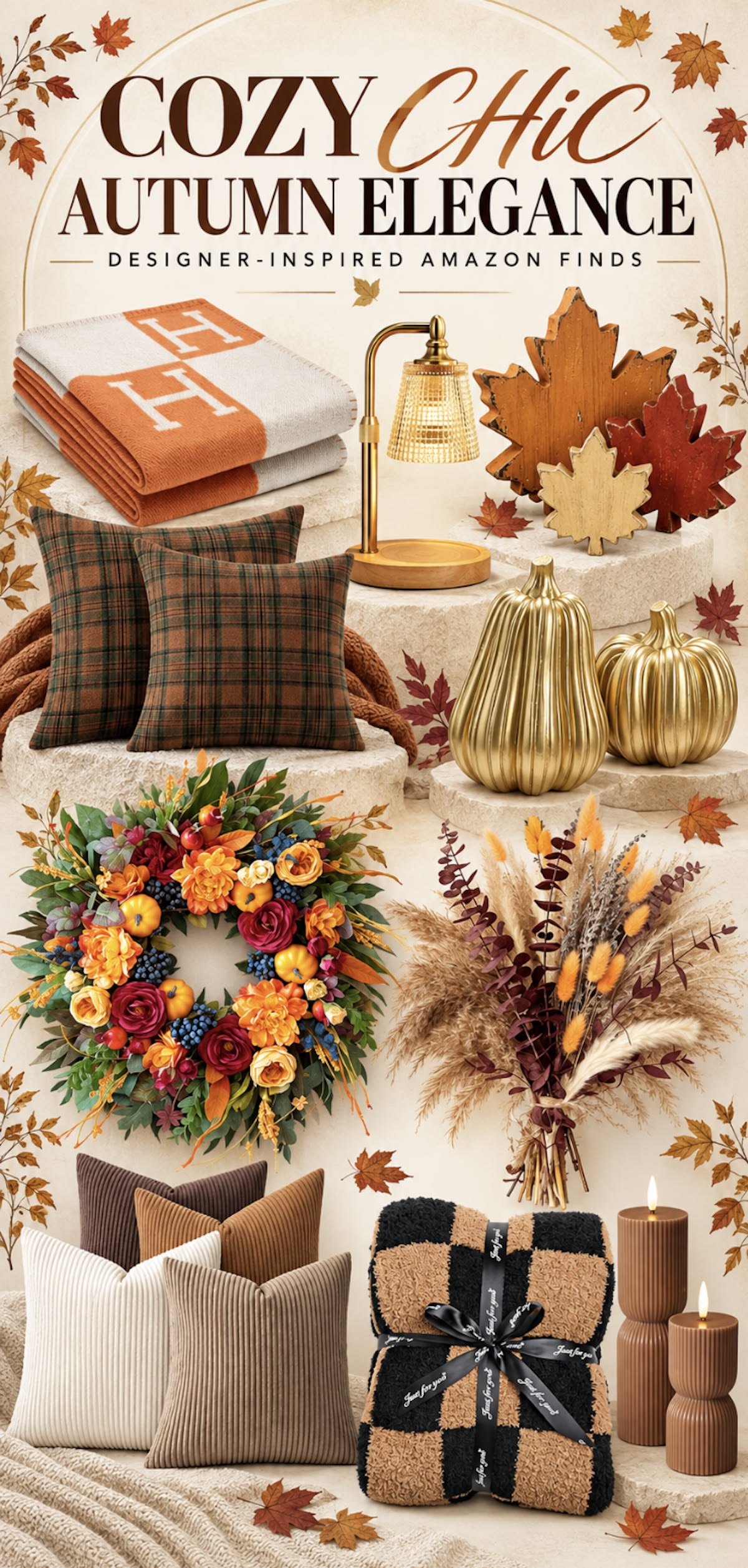 Elegant fall decor finds on Amazon, including cozy throws, gold pumpkins, a colorful wreath, and candle accents for a beautiful autumn home.