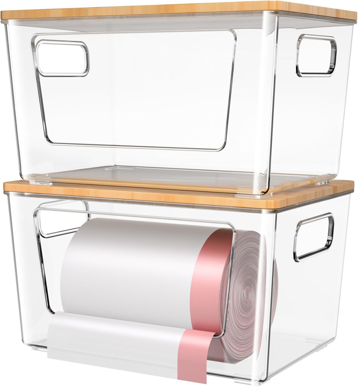 Clear Trash Bag Dispensers with Bamboo-Style Lids