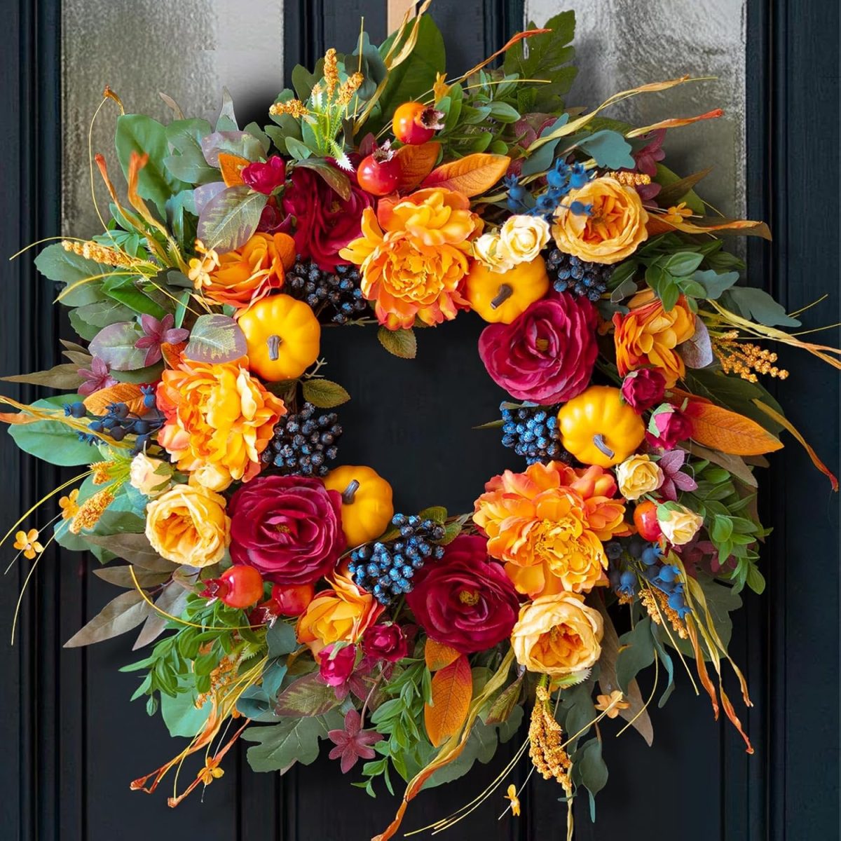 Colorful Floral and Pumpkin Wreath