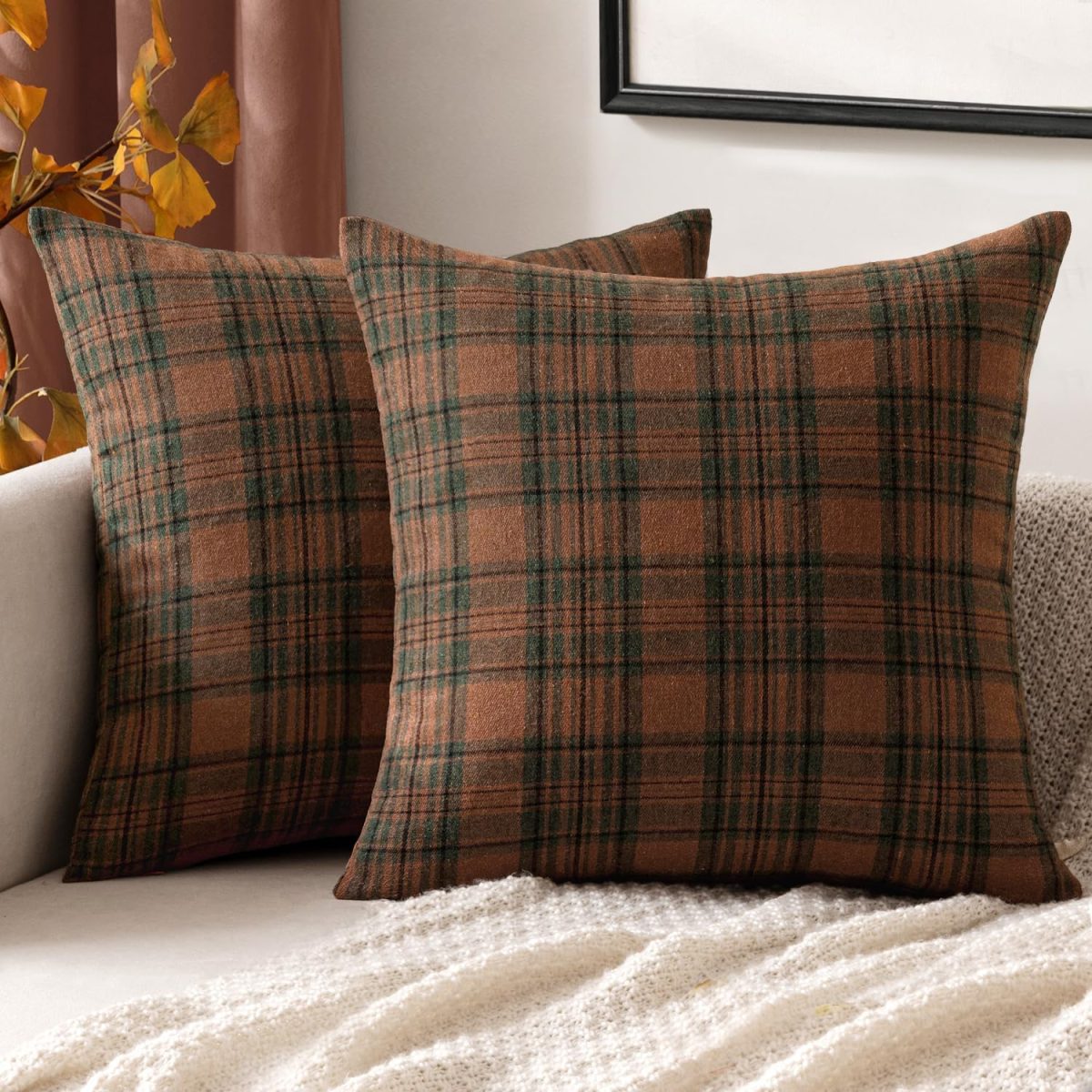 Warm Brown and Green Plaid Pillow Accents