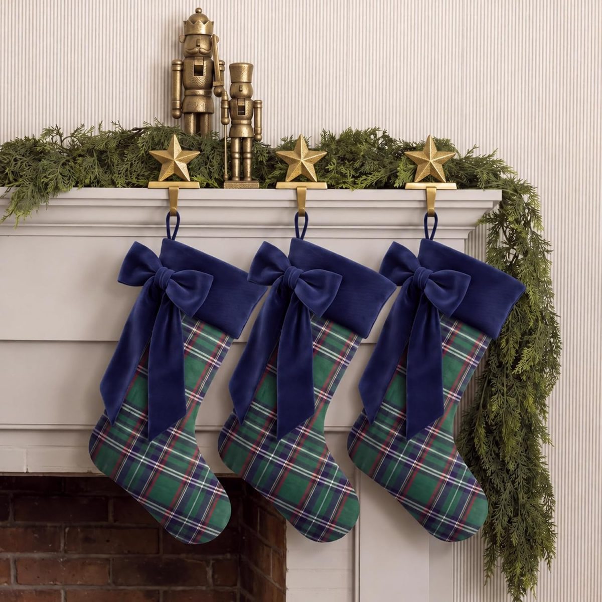 Plaid Christmas Stockings with Navy Bows
