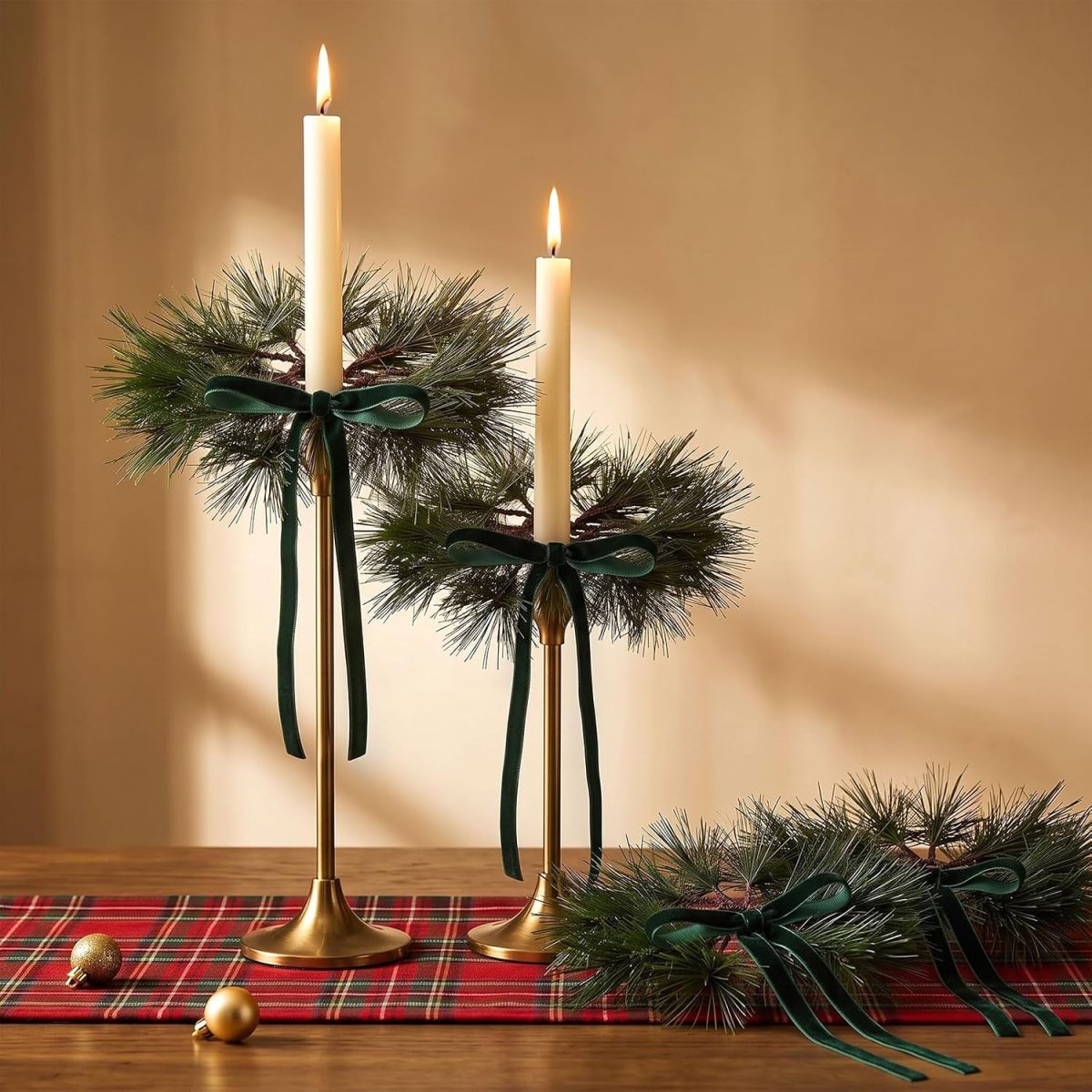 Pine Candle Rings with Green Velvet Bows