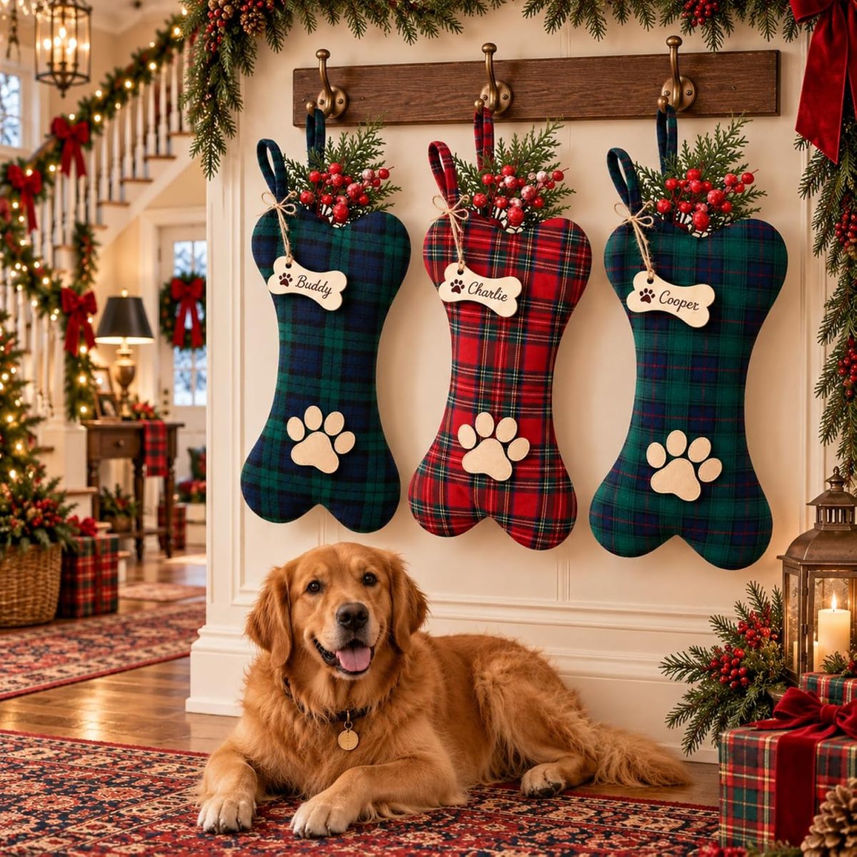 Plaid Dog Bone Christmas Stockings
