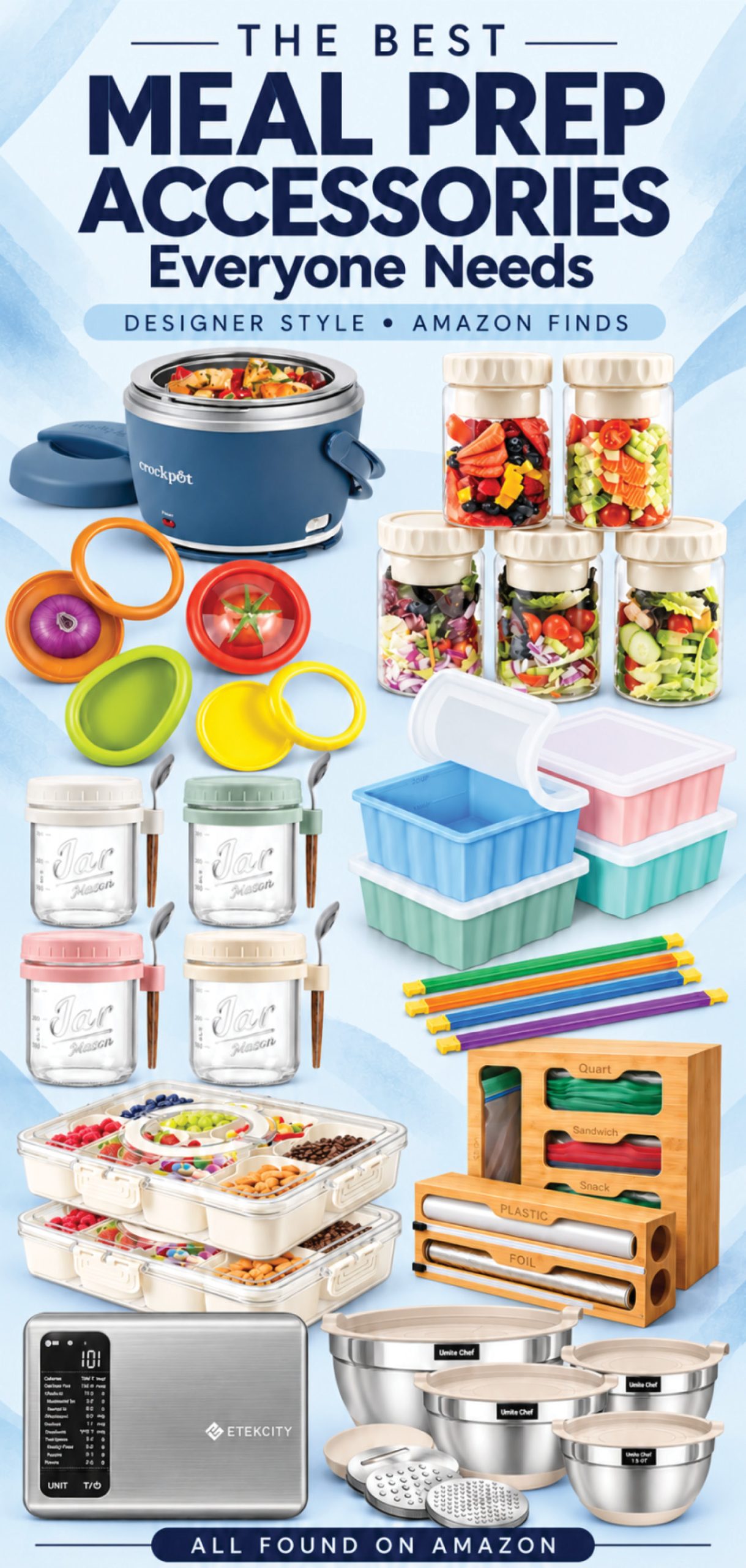 10 meal prep accessories from Amazon, including freezer containers, salad jars, and clever organizers to simplify lunches and busy weeknight meals.